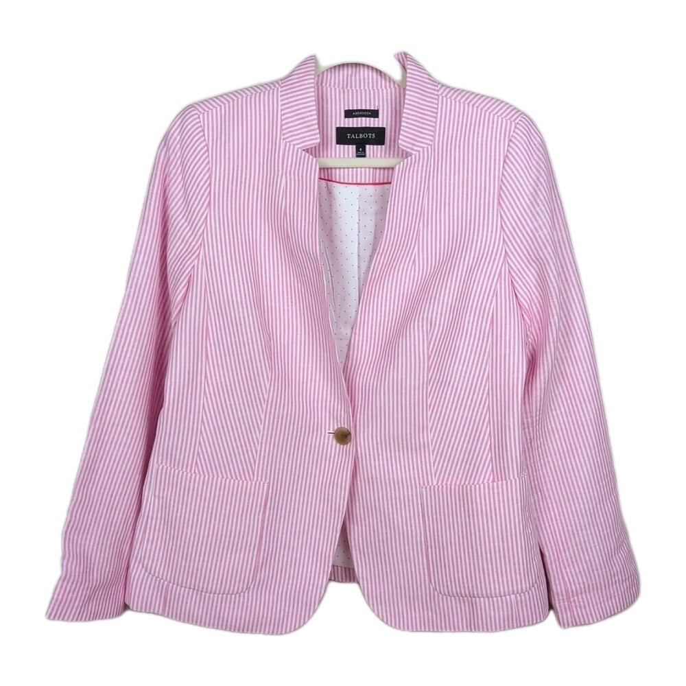 TALBOTS Light Pink Striped Aberdeen Blazer Linen Cotton One Button Women's 8